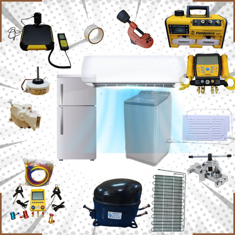 Air conditioner, refrigerator and washing machine surrounded by YeeFixx tools and spare parts